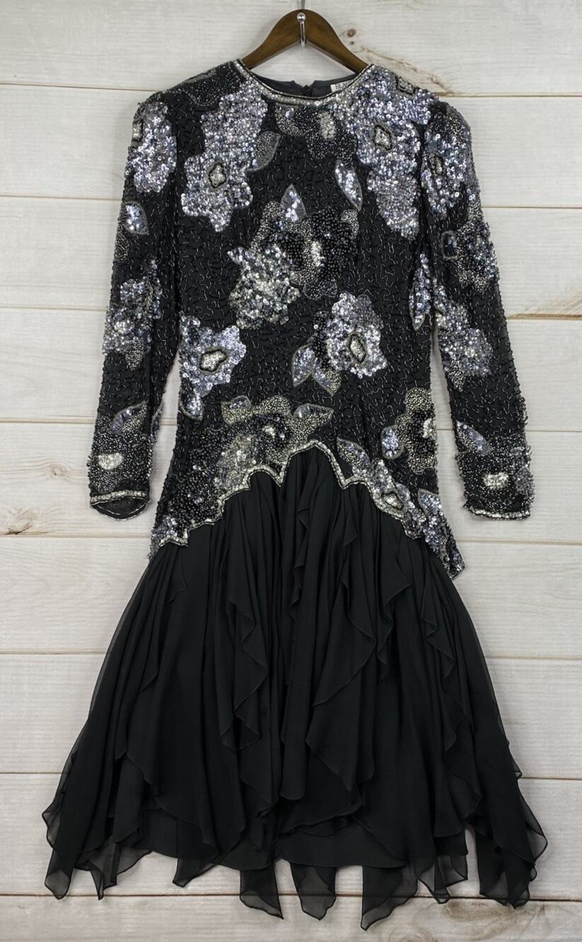 Vintage 80's Black Tie He-Ro Dress Sz 8 Heavily Beaded Sequins 100% Silk Party